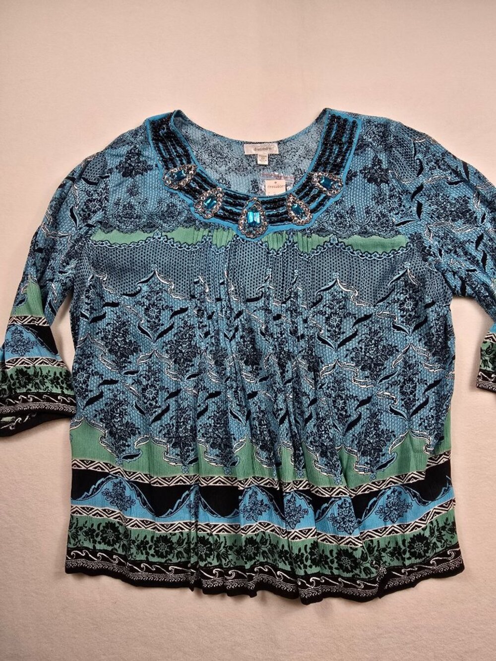 NEW 2X Dressbarn Beaded Neckline Blue Green Black Patterned Blouse
